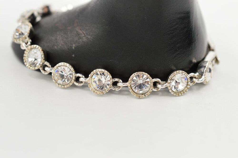 SAQ Statement Tennis Bracelet Chunky Rhinestone Crystal Silver Tone Signed BinO